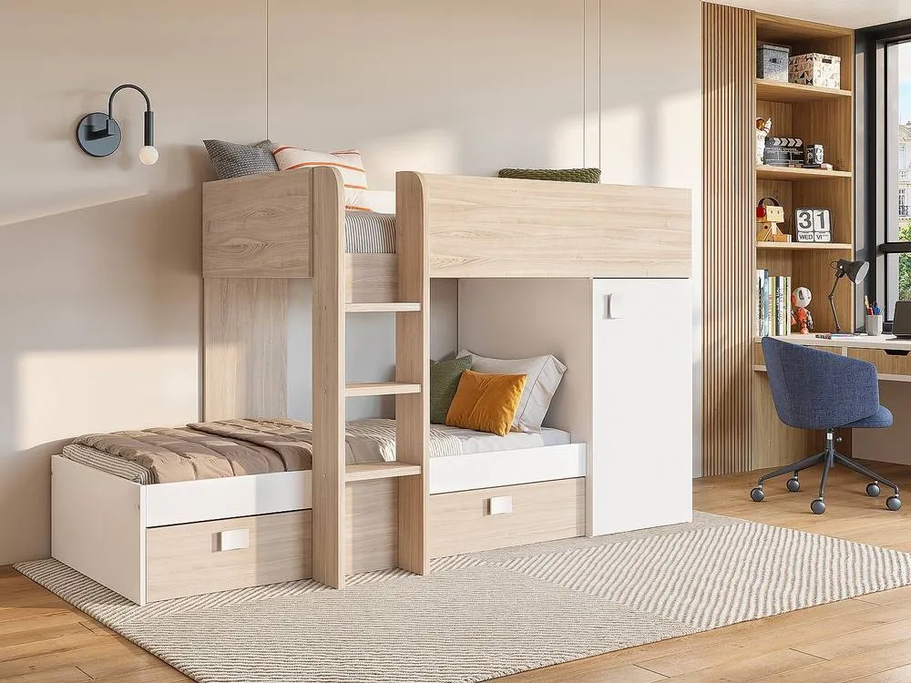 Vente-unique Reversible Corner Bunk Beds - 2 X 90 X 190 Cm - Integrated Storage in Light Oak 3