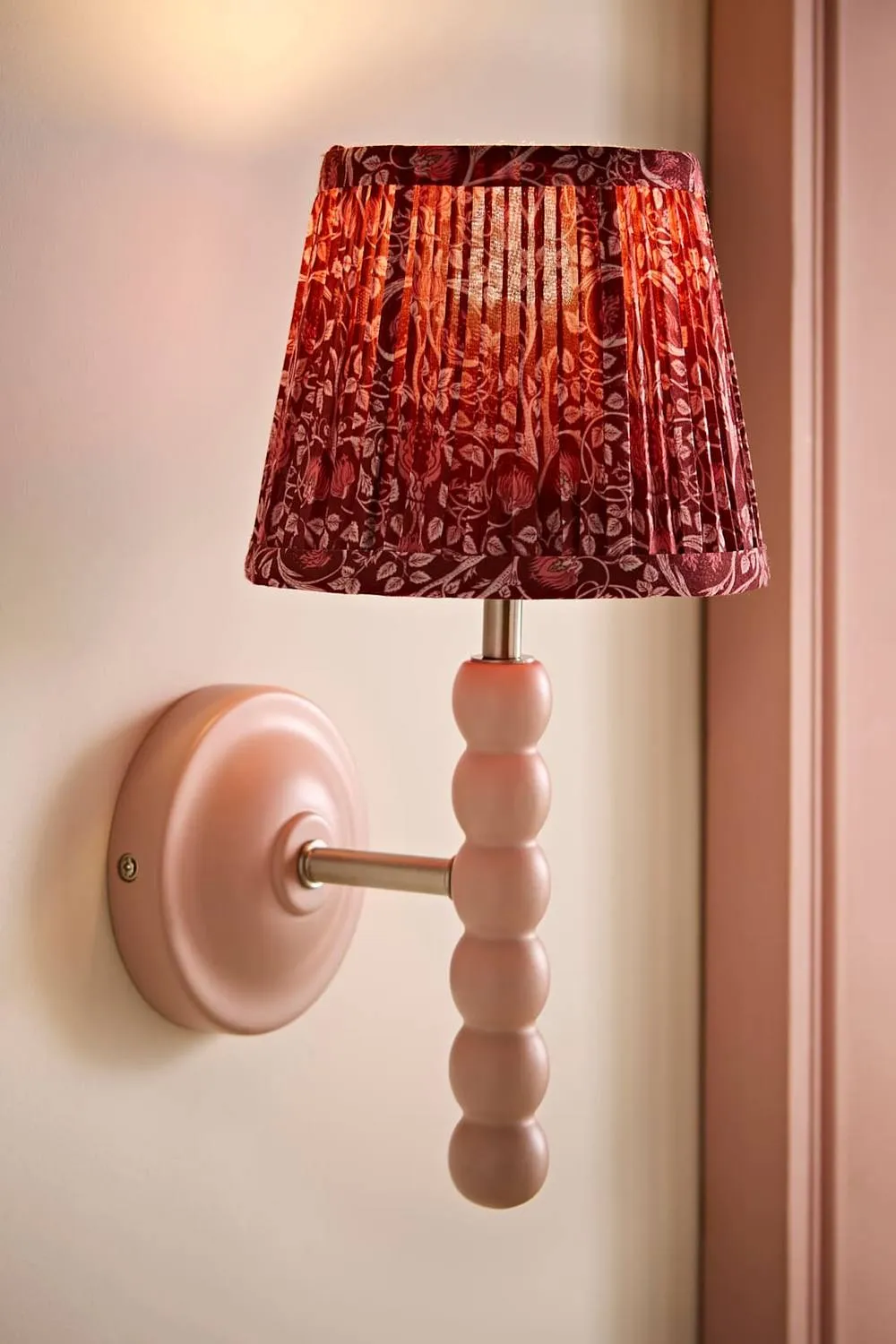 ValueLights Bobbins Pair Burgundy Floral Pleated Shade Wooden Bobble Wall Light in Baby Pink 1