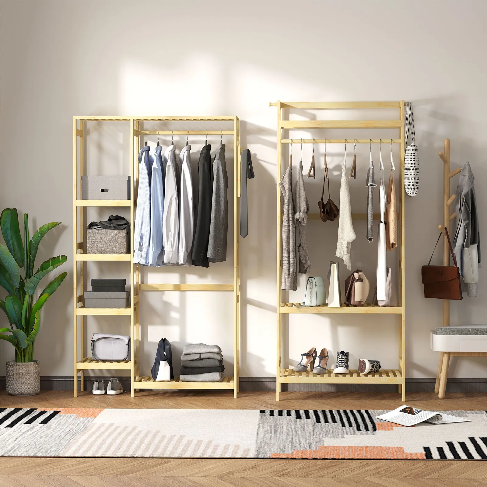 HOMCOM Coat Rack Bamboo Garment Rack with Storage Shelf Hanging Rail in Light Brown