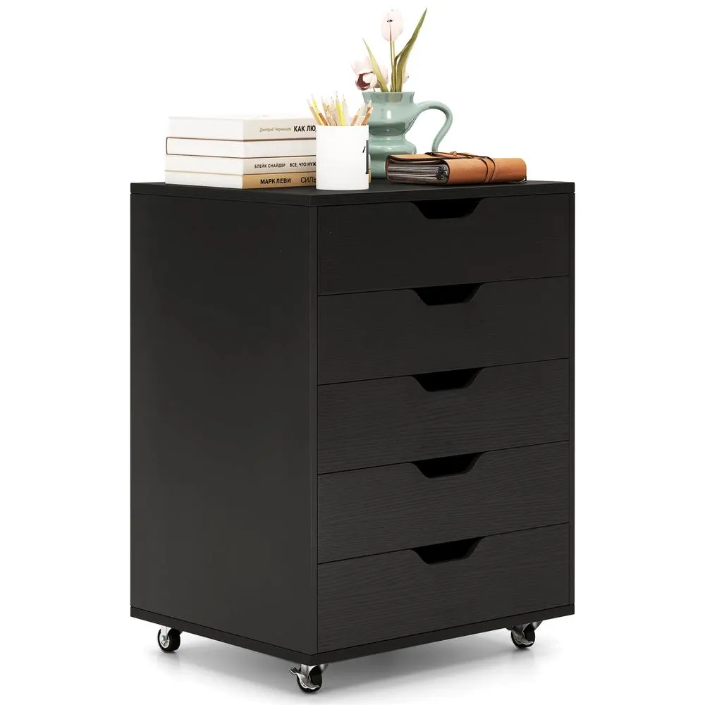Costway 5 Drawer Rolling Storage Cabinet Mobile Chest of Drawers Wooden Dresser Organizer Coffee in Black
