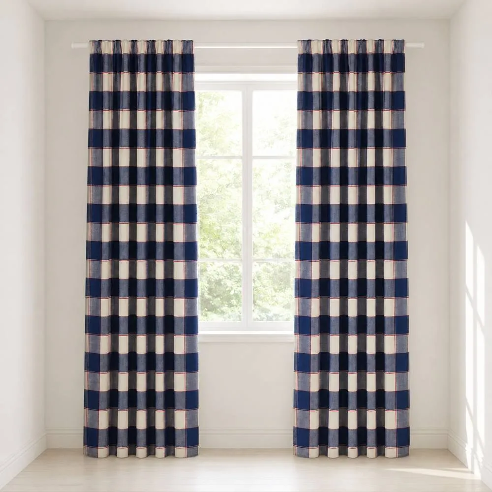 Smart Living Gingham Check Curtains Pair with Tie Backs - Classic Checked Print in Blue 1