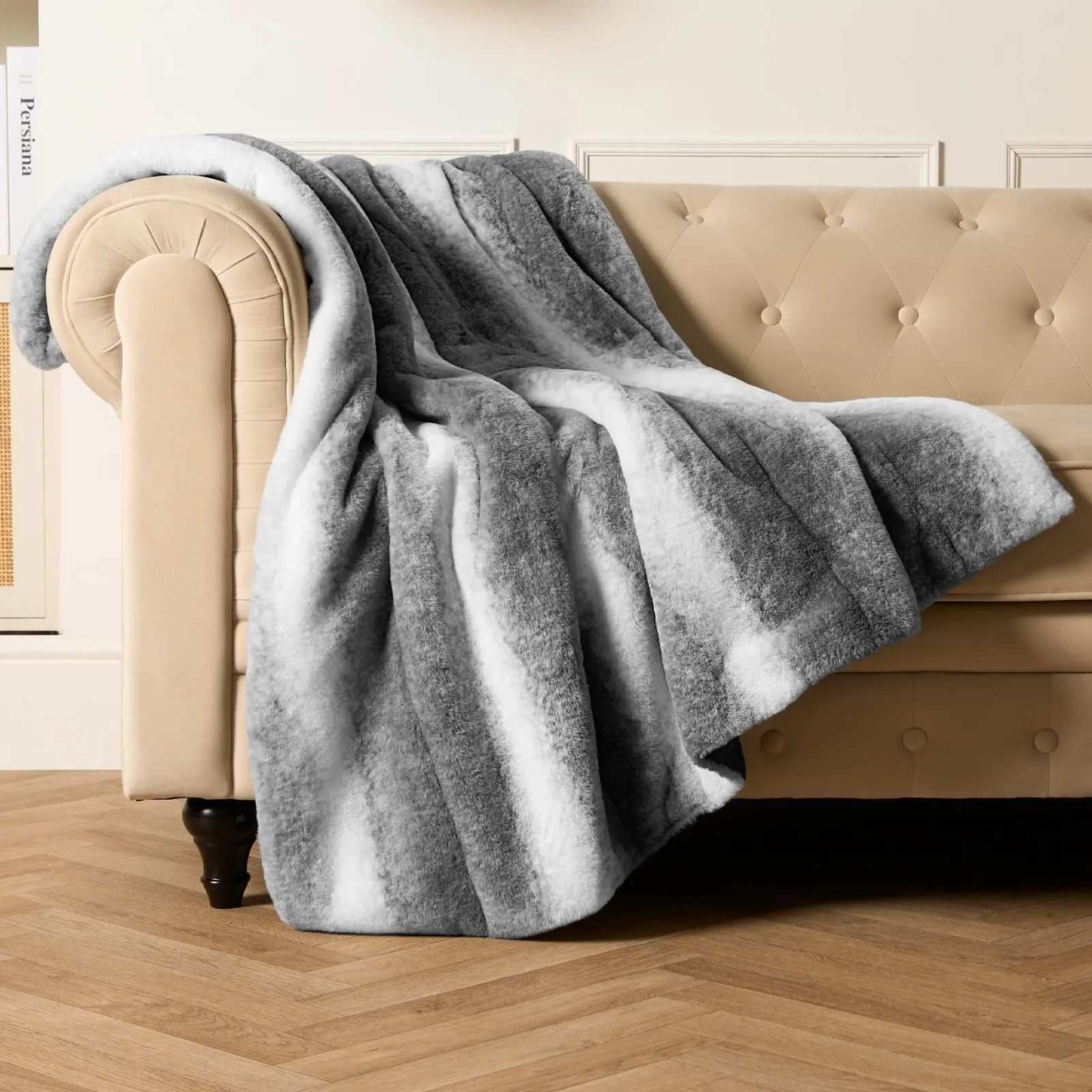 OHS Stripe Throw Over Blanket Faux Fur Soft Fleece in Light Grey