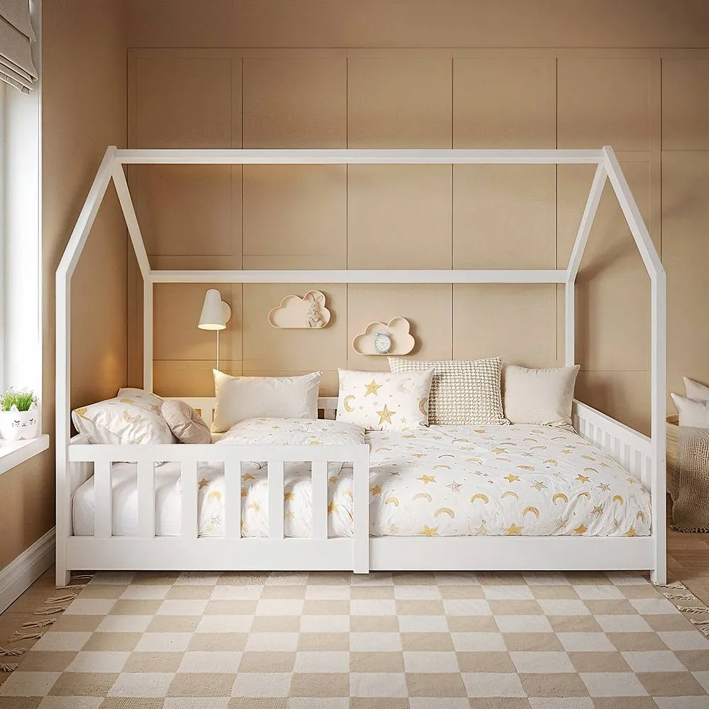 Flair Explorer Small Double Play House Floor Bed with Rails Wooden White 2