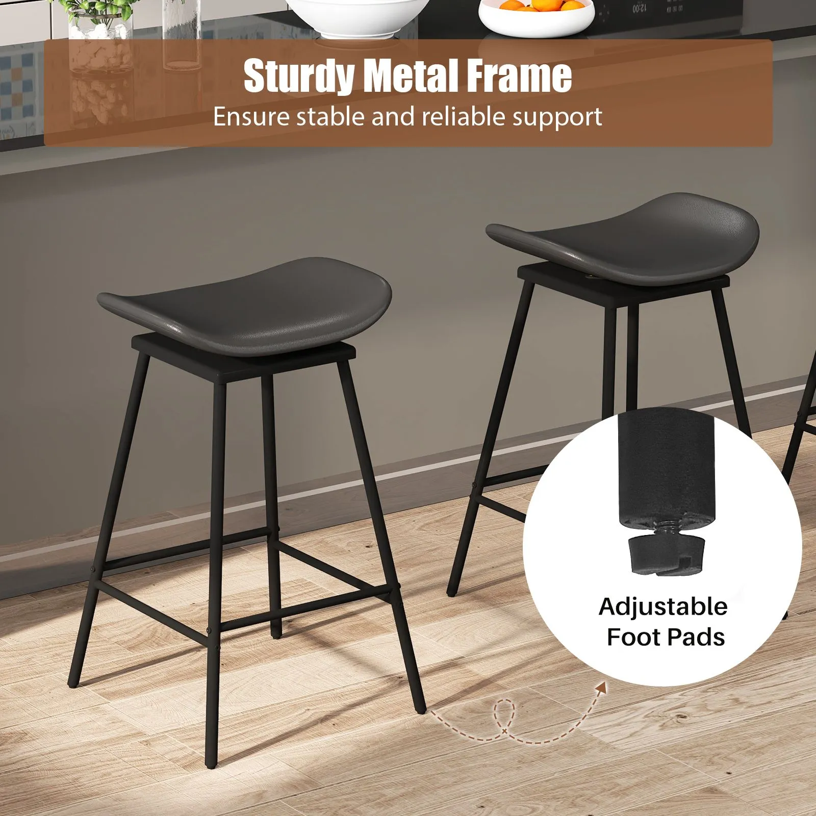 Costway Swivel Barstools Set of 2 Faux Leather Upholstered Backless Bar in Black 4