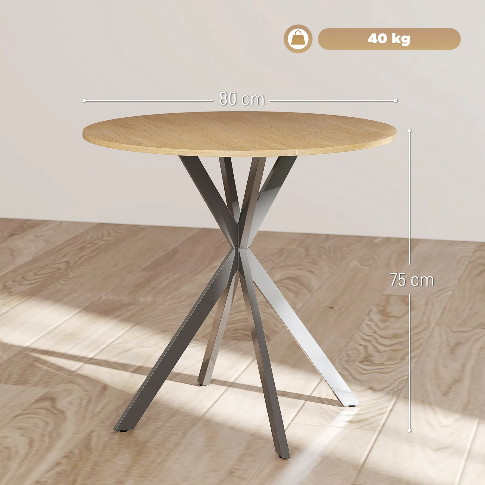 HOMCOM 80cm Round Dining Table, Industrial Kitchen Table with Steel Legs in Light Oak 3