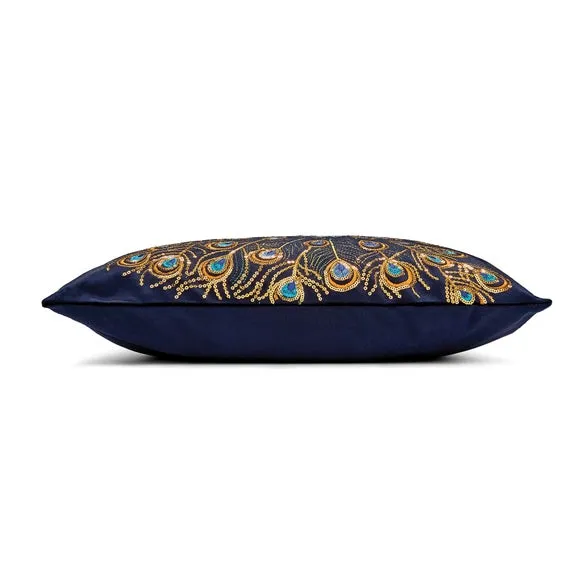 Navy Embroidered Peacock Cushion 4