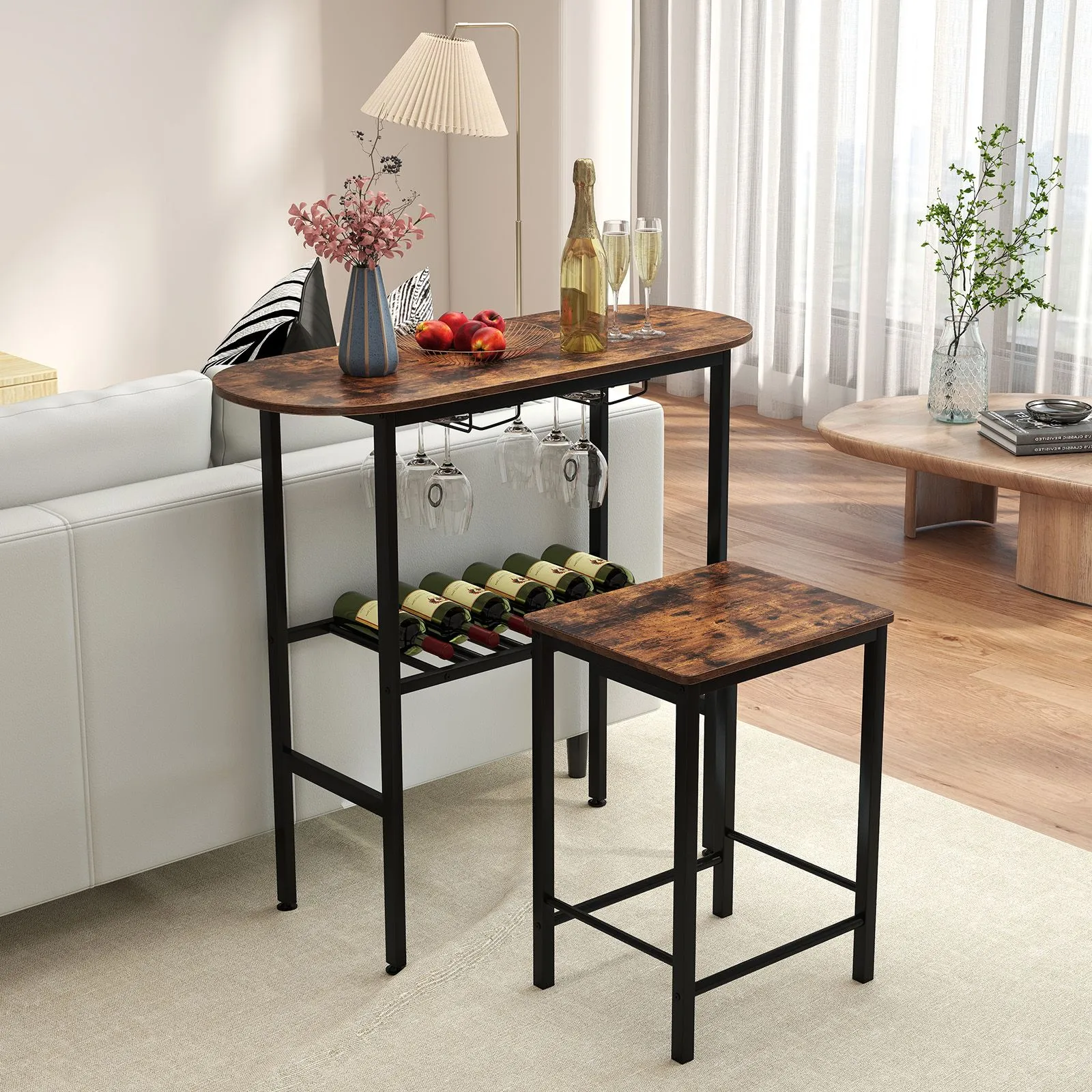 Costway 3 Piece Counter Height Table Set Oval Dining Table & 2 Stools in Brown 5