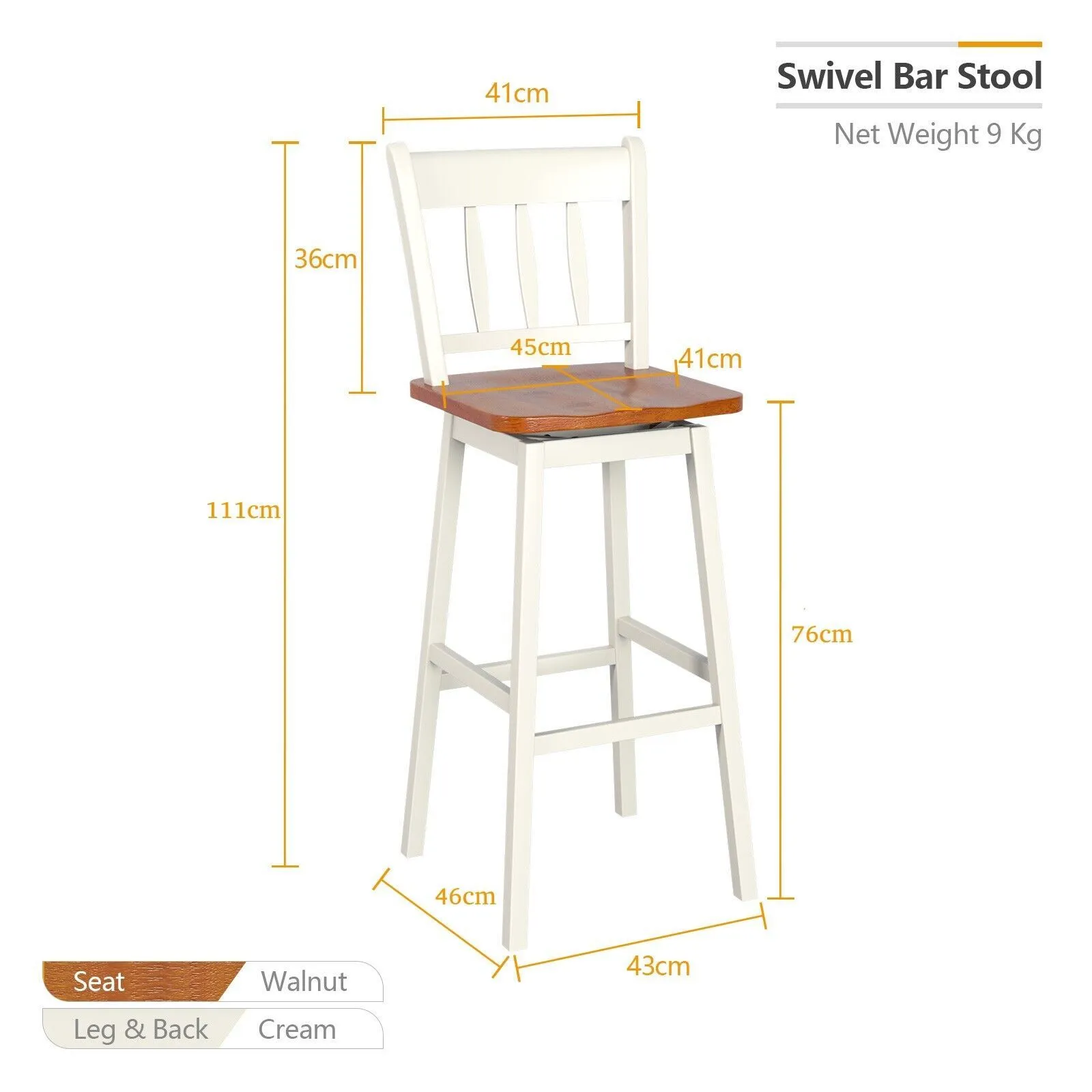 Costway Set of 2 Swiveling Bar Stools Solid Rubber Wood Dining Chairs with Footrest in White 2
