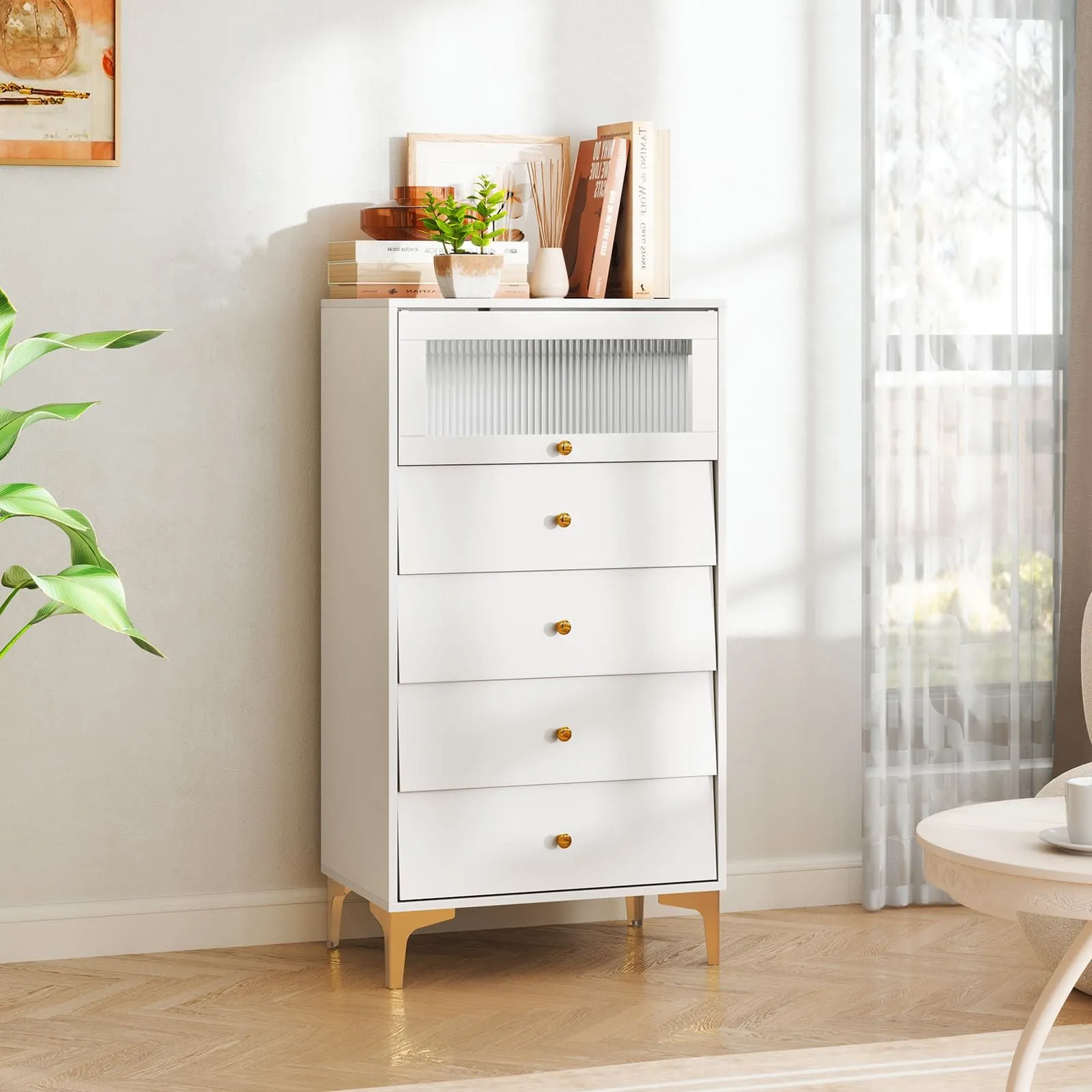 Costway 4 Drawer Dresser Modern Storage Cabinet w/ Flip Up Fluted Glass Door in Grey 3