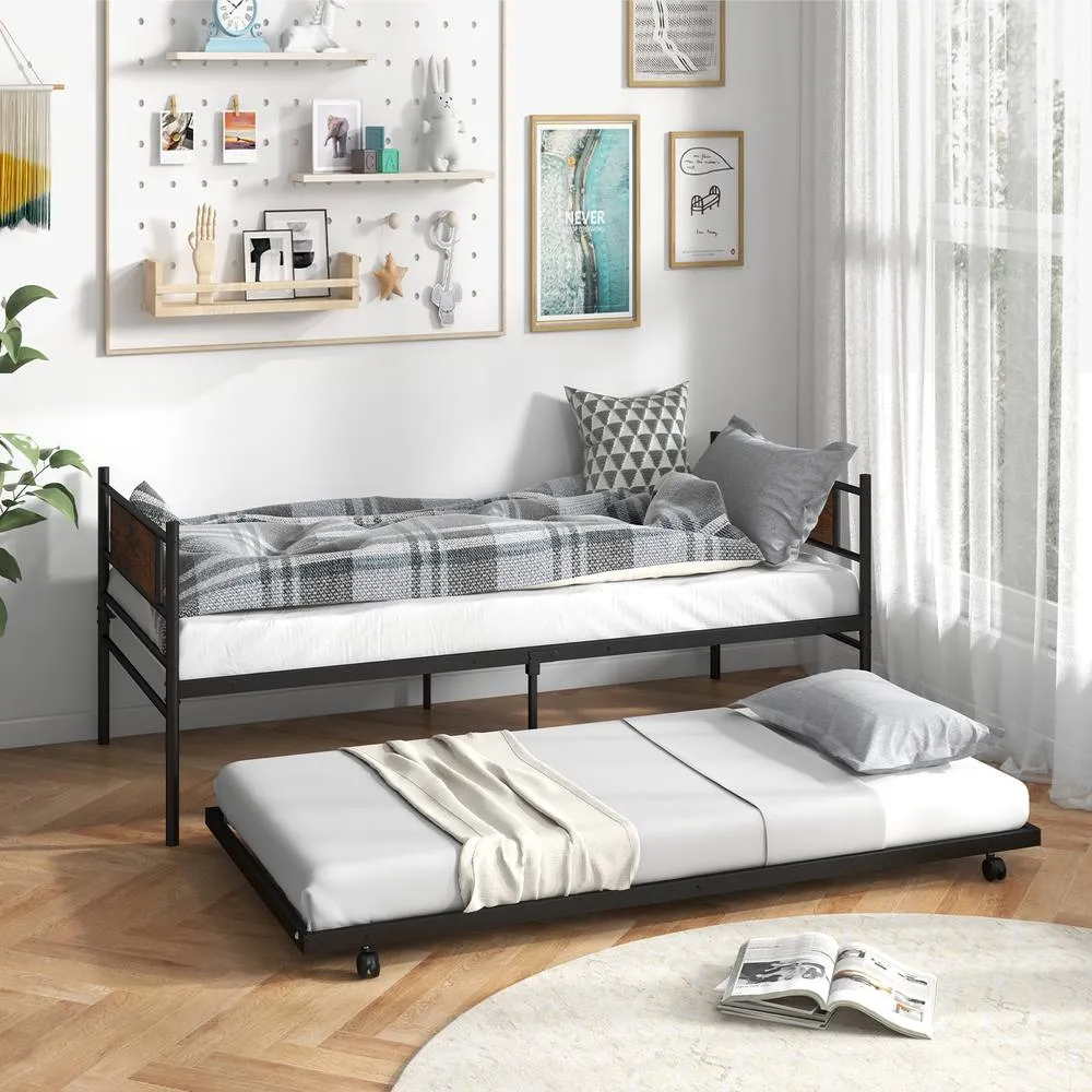 Costway Metal Daybed with Pull out Trundle Single Sofa Guest Bed with Headboard in Brown 4