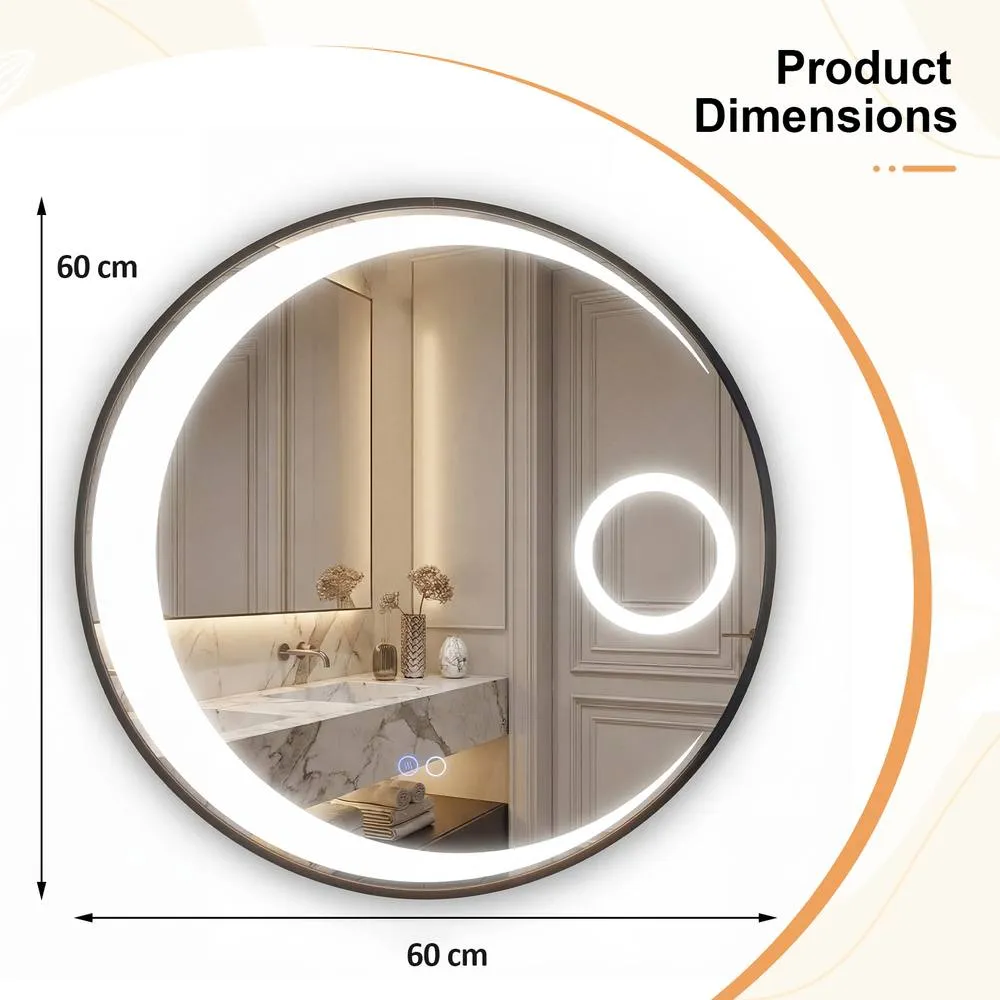 Costway 60 cm Round LED Bathroom Mirror with Anti-Fog Function in Black 2