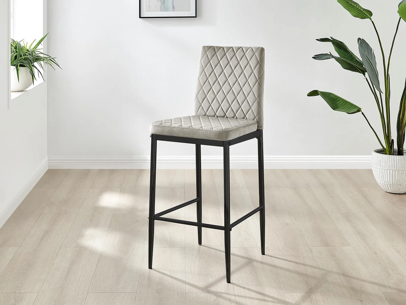 FurnitureboxUK Set of 2 Milan Soft Touch Hatched Velvet Padded Counter Stools With Black Metal Legs in Beige 2