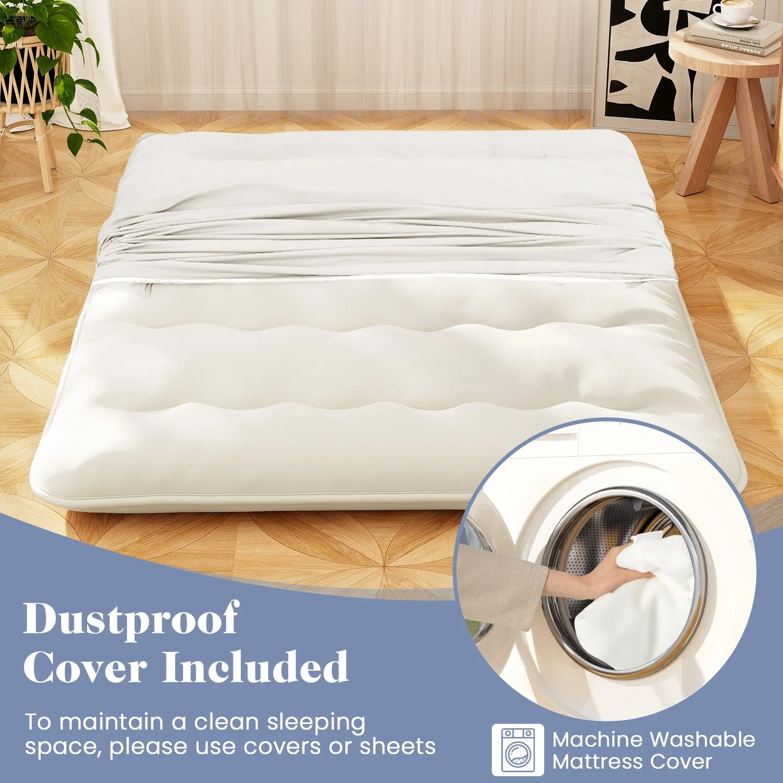 Costway Foldable Tatami Mat Floor Futon Mattress Roll up Sleeping Pad with Washable Cover, Small Double/Double/King Size in Beige 6