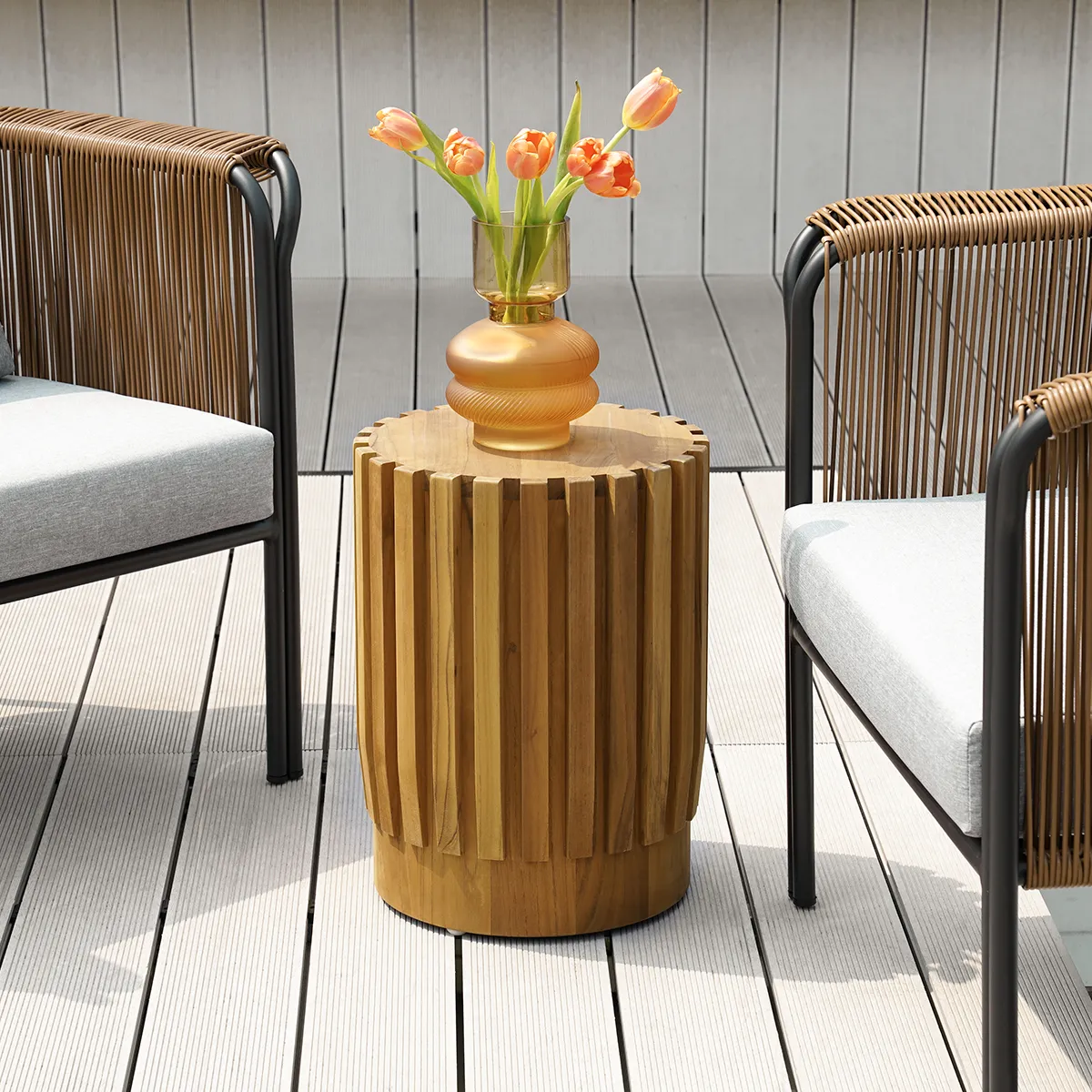 2 Pieces Rustic Round & Rectangle Teak Wood Outdoor Coffee Table Set in Natural