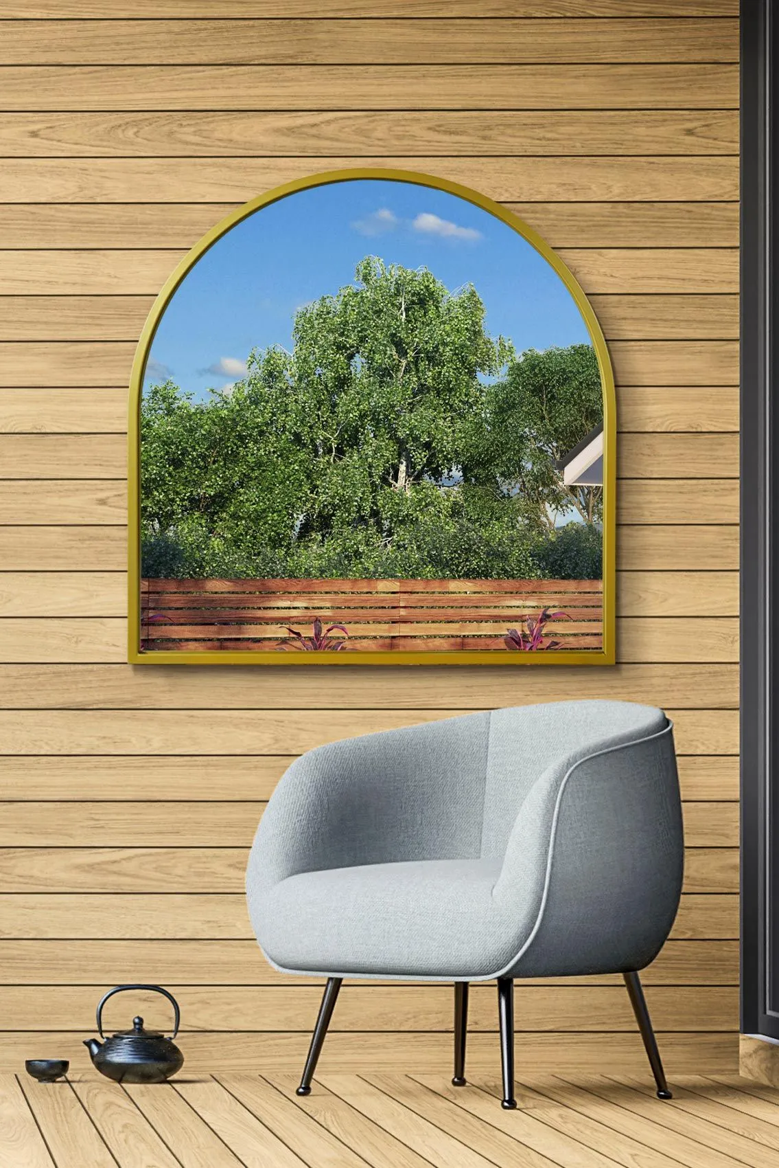 MirrorOutlet Gold Metal Framed Arched Wall Garden Mirror 39" X 39" (100CM X 100CM)