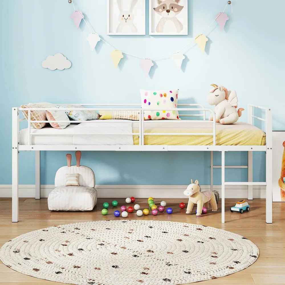 Costway Single Size Low Loft Bed Metal Bed Frame w/ Guardrails & 2 Ladders in White 4