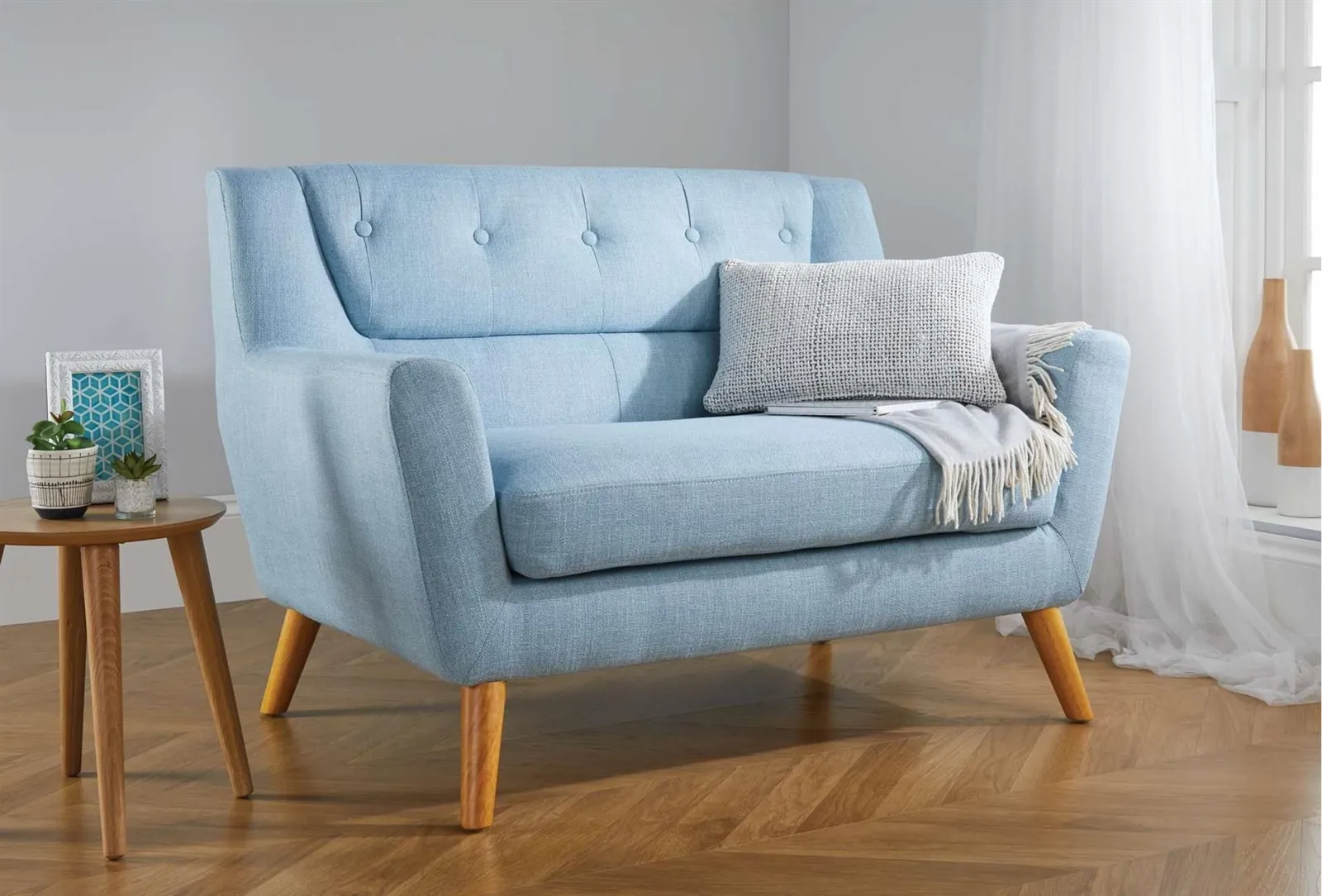 Birlea 2 Seater Sofa Lambeth Settee Modern Retro Style Fabric Wood Legs in Pale Blue 2