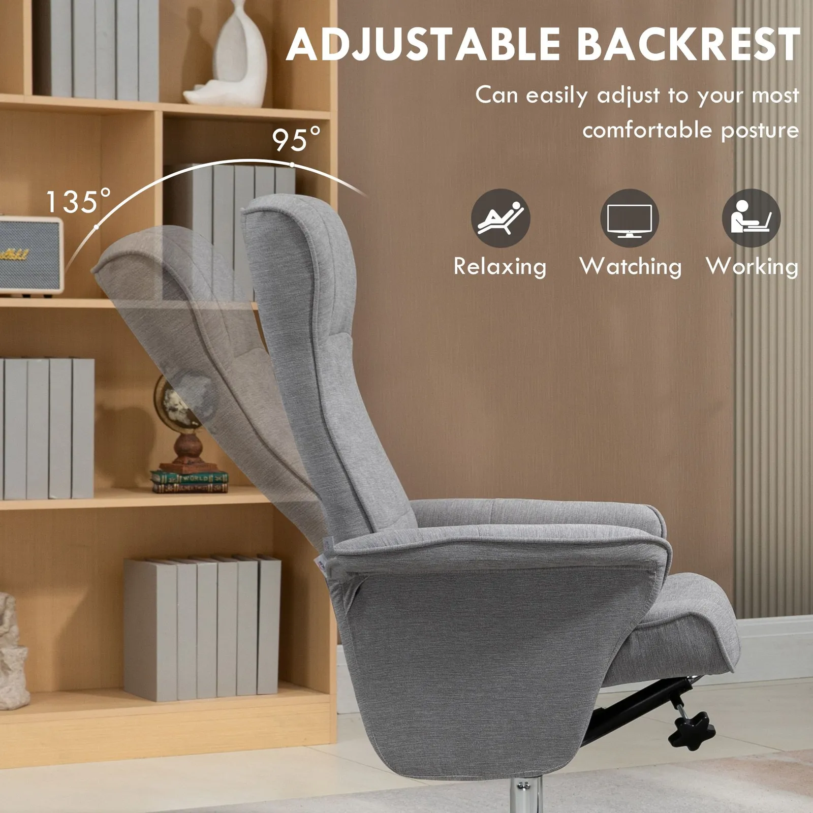 HOMCOM Upholstered Swivel Recliner Armchair with Ottoman, Grey 4