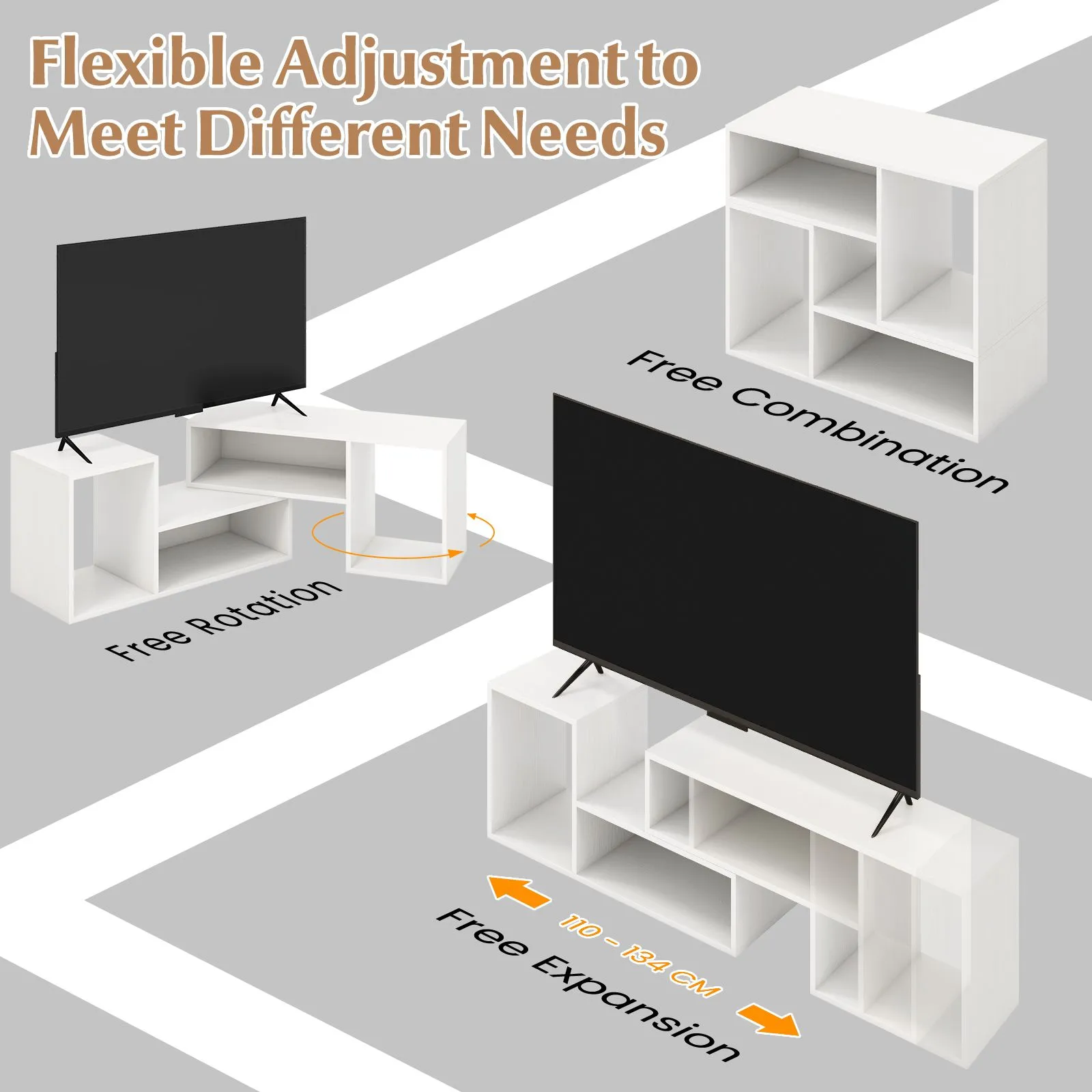 Costway 2 Piece Console TV Stand Free Combination TV Media Table with Storage Shelf in White 5