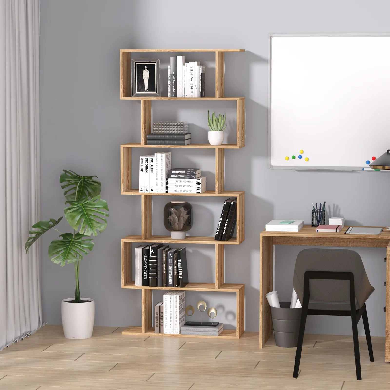HOMCOM Storage Shelf Modern S-Shape Design Stand Unit Storage Display for Home in Light Oak 2