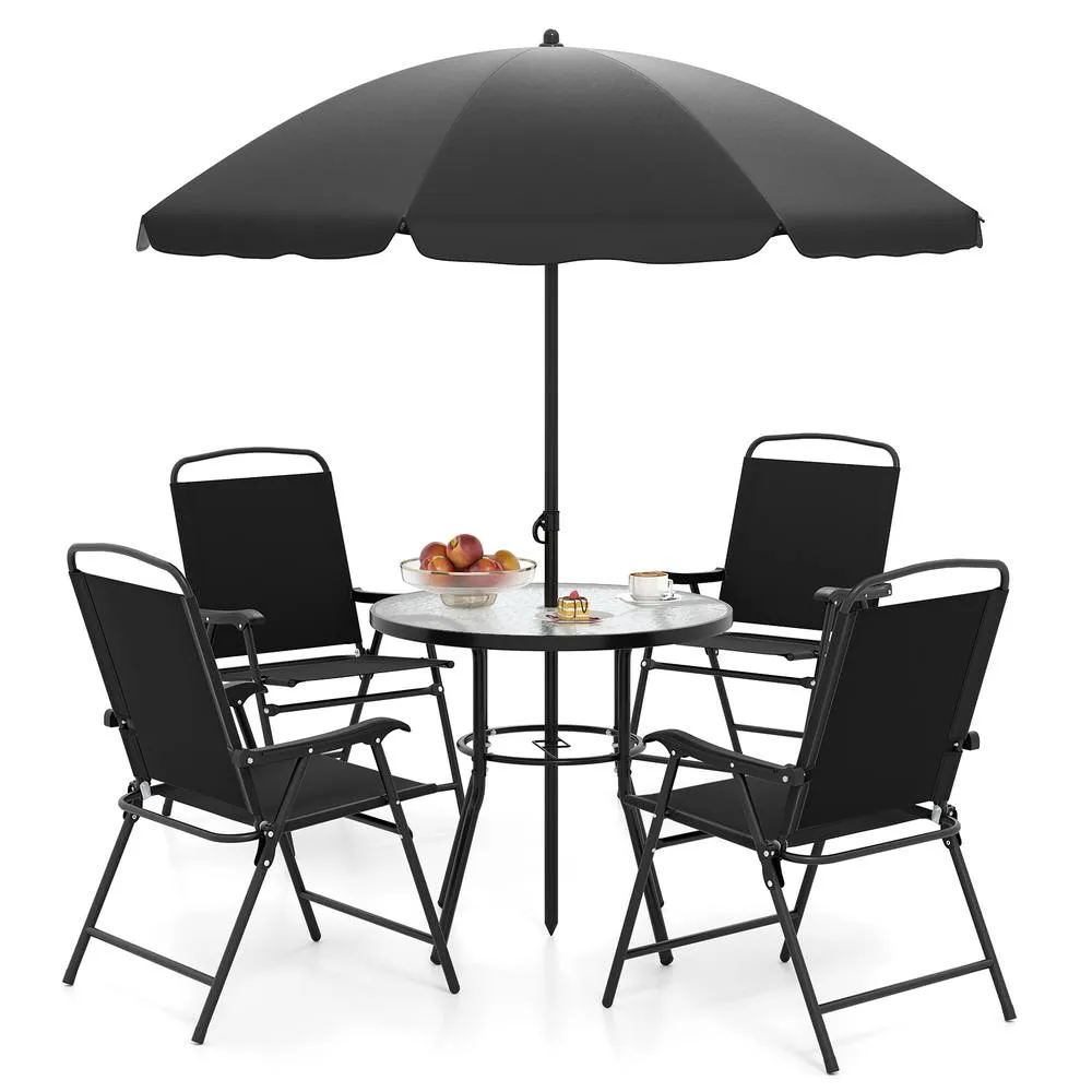 Costway 6 PCSs Patio Dining Set with Umbrella Outdoor Table & Chairs Set in Black