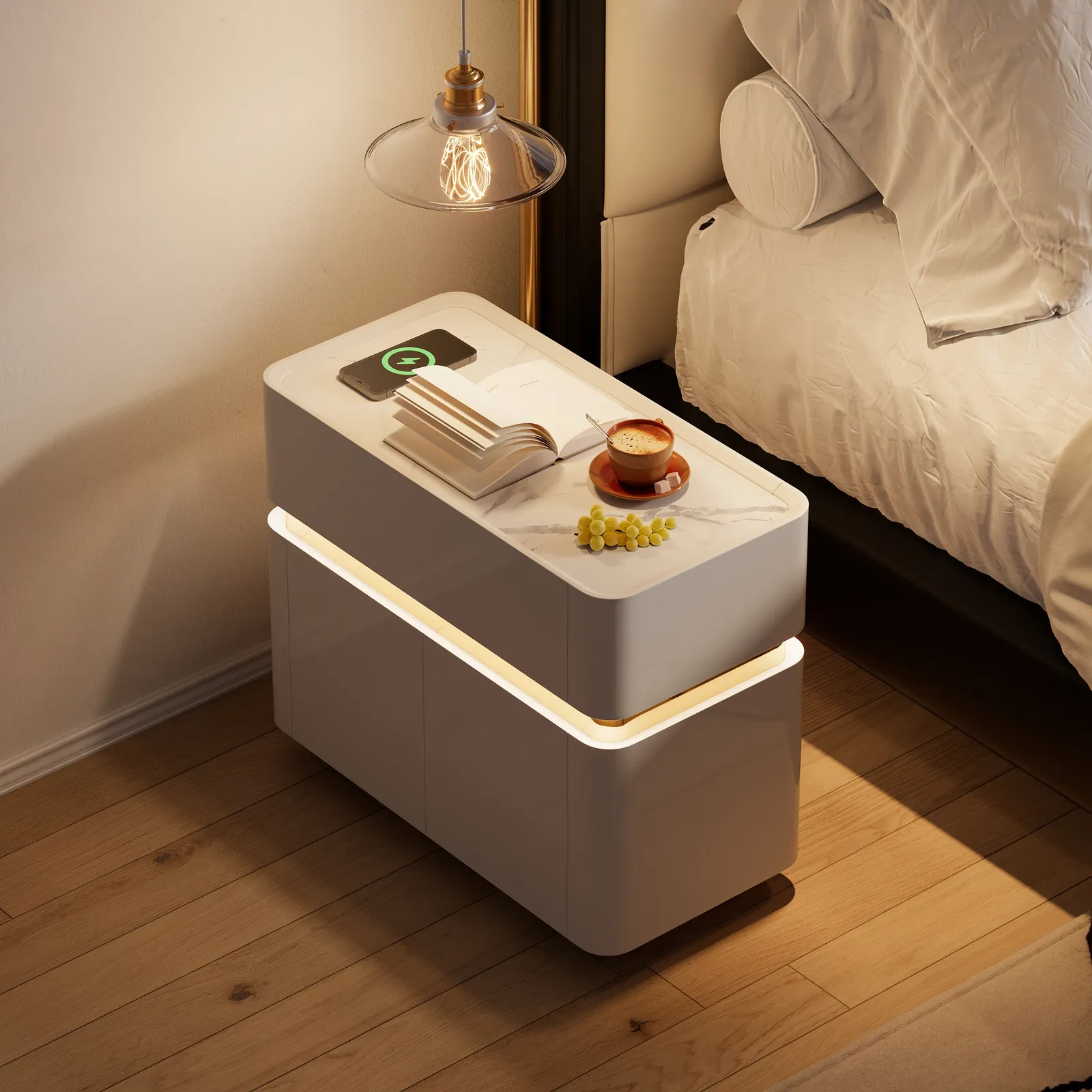 Narrow Smart LED Nightstand with Sintered Stone Top