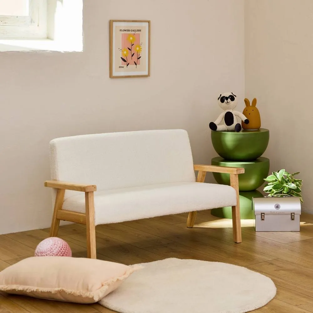 sweeek 2-seater children's bench in boucle fabric & rubberwood in White 3