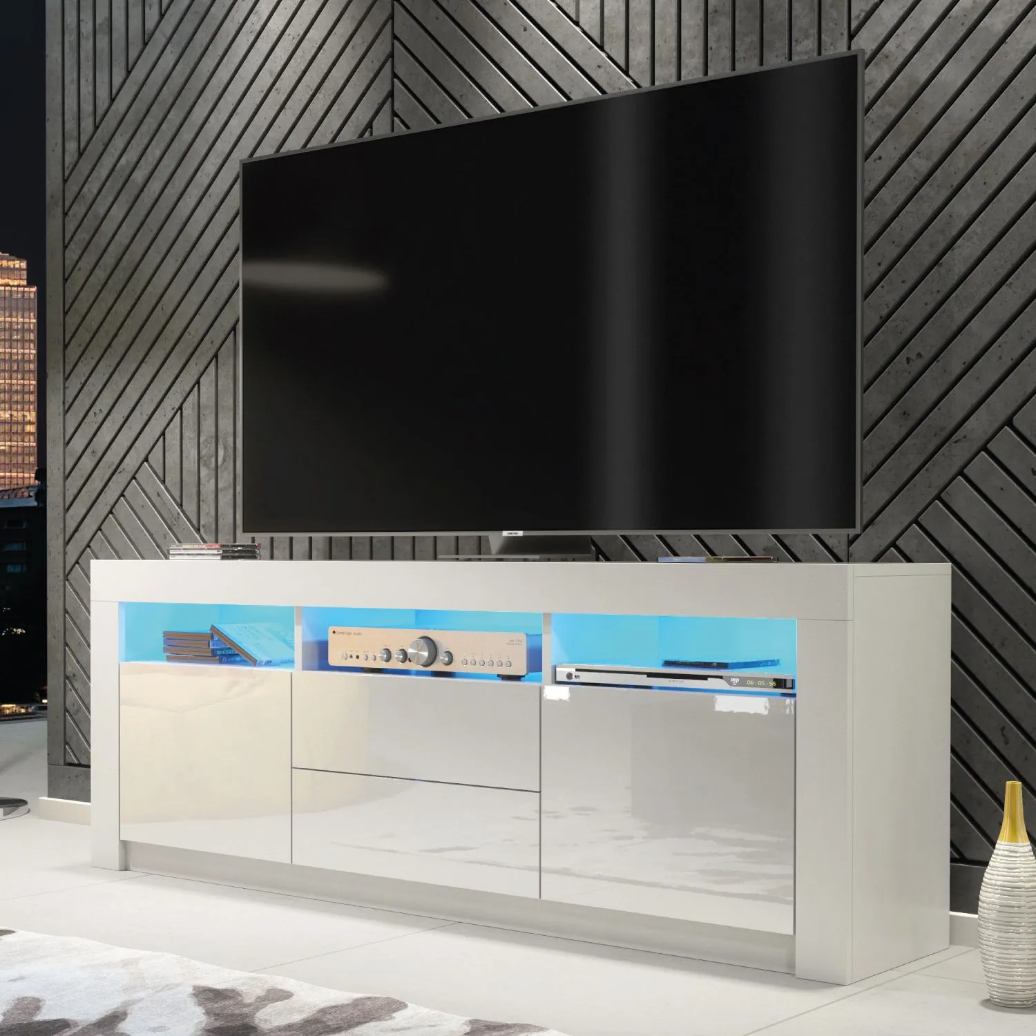 Creative Furniture Shine TV Unit 160cm - A Bright & Stylish Cabinet with Gloss Doors & LED Lights in White