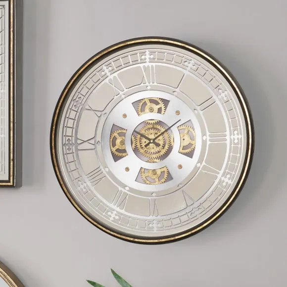 Antique Gold Wood and Mirror Working Cog Round Wall Clock
