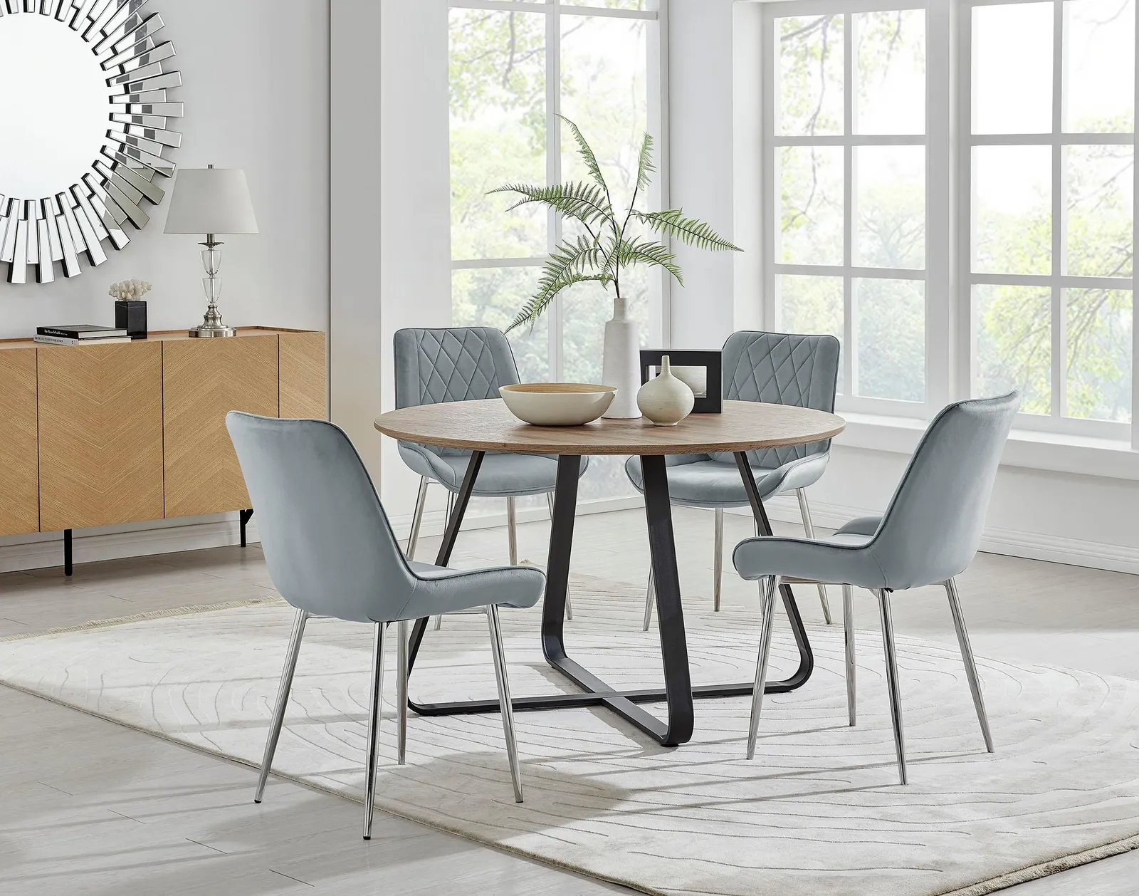 FurnitureboxUK Santorini Brown Round Dining Table & 4/6 Pesaro Silver Leg Chairs in Grey 1