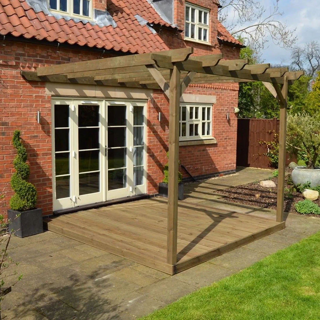 Rutland County Garden Furniture Ltd Wall Mounted Pergola & Decking Kit, L360 x W360 cm, Rustic Brown