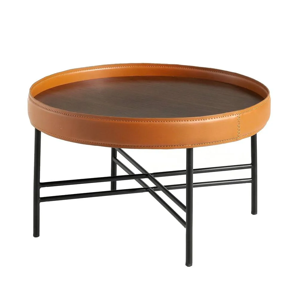 Angel Cerda Round Coffee Table, Walnut Top, Orange Band, Black Steel Legs