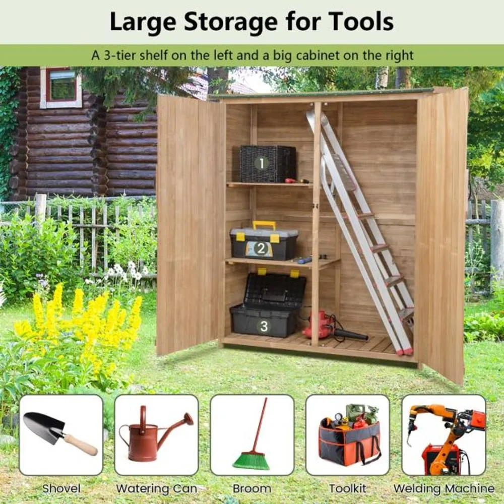 Costway Garden Storage Shed Outdoor Wooden Tool Storage Cabinet W/ Lockable Doors in Natural 3