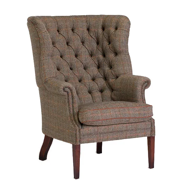 Harris Tweed Mackenzie chair, Bracken Herringbone and Brompton Tan