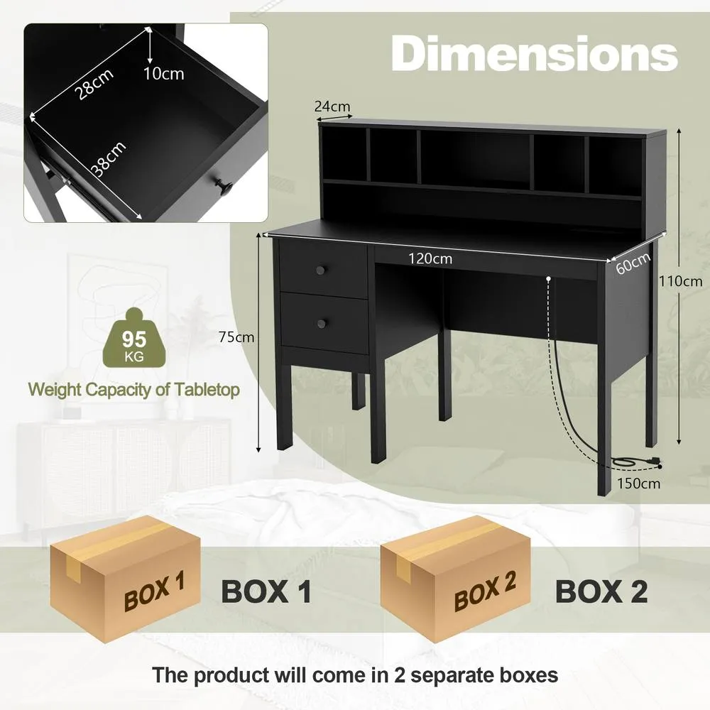 Costway Computer Desk 120 CM Writing Desk with Power Outlets & Drawers in Black 2