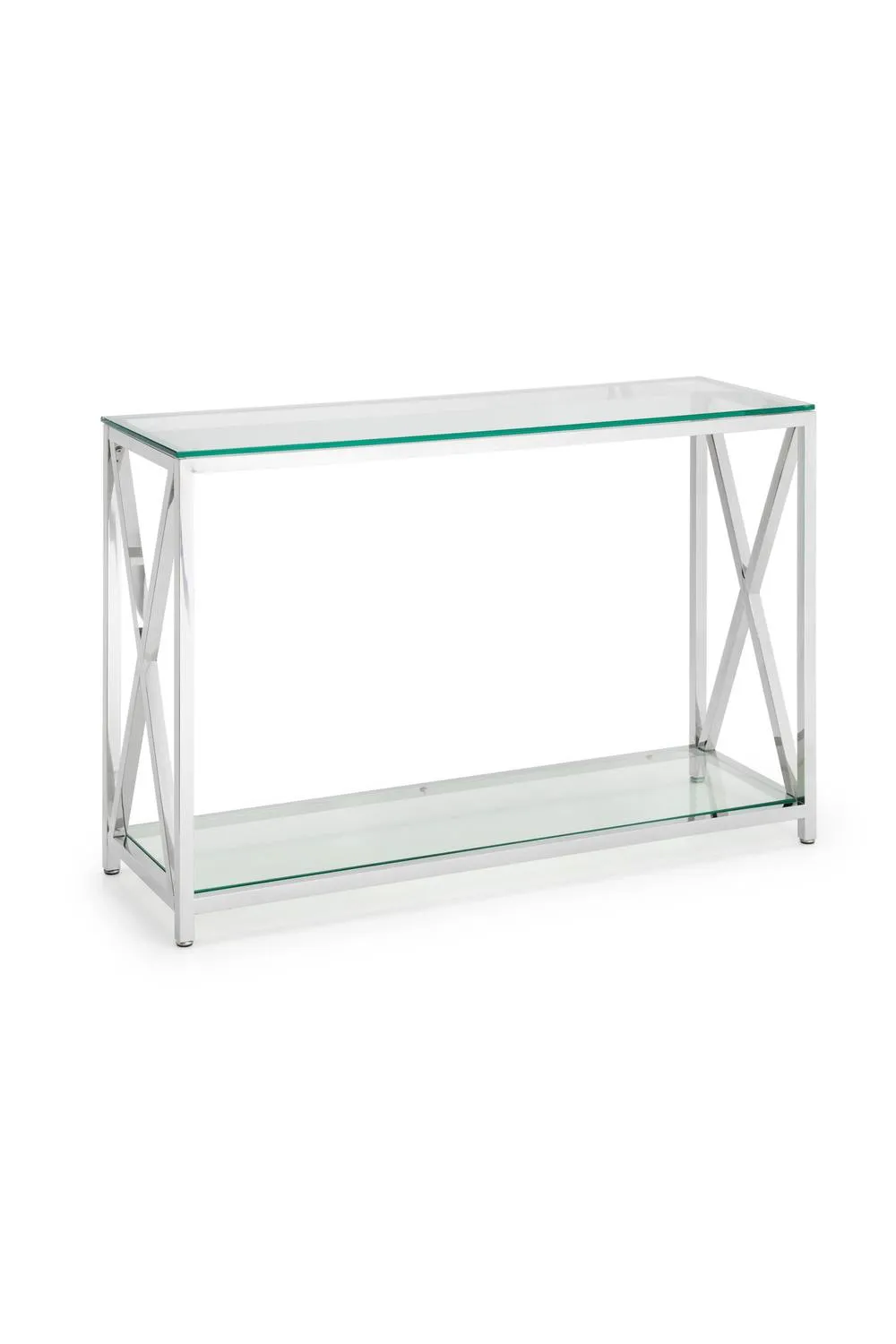 Julian Bowen Miami Glass Top Cross Frame Console Table with Shelf in Silver 2