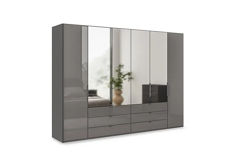 Amara 300cm 6 Door Combi Wardrobe with 4 Mirror Doors, 2 Glass Doors and 6 Glass Drawers - Lava