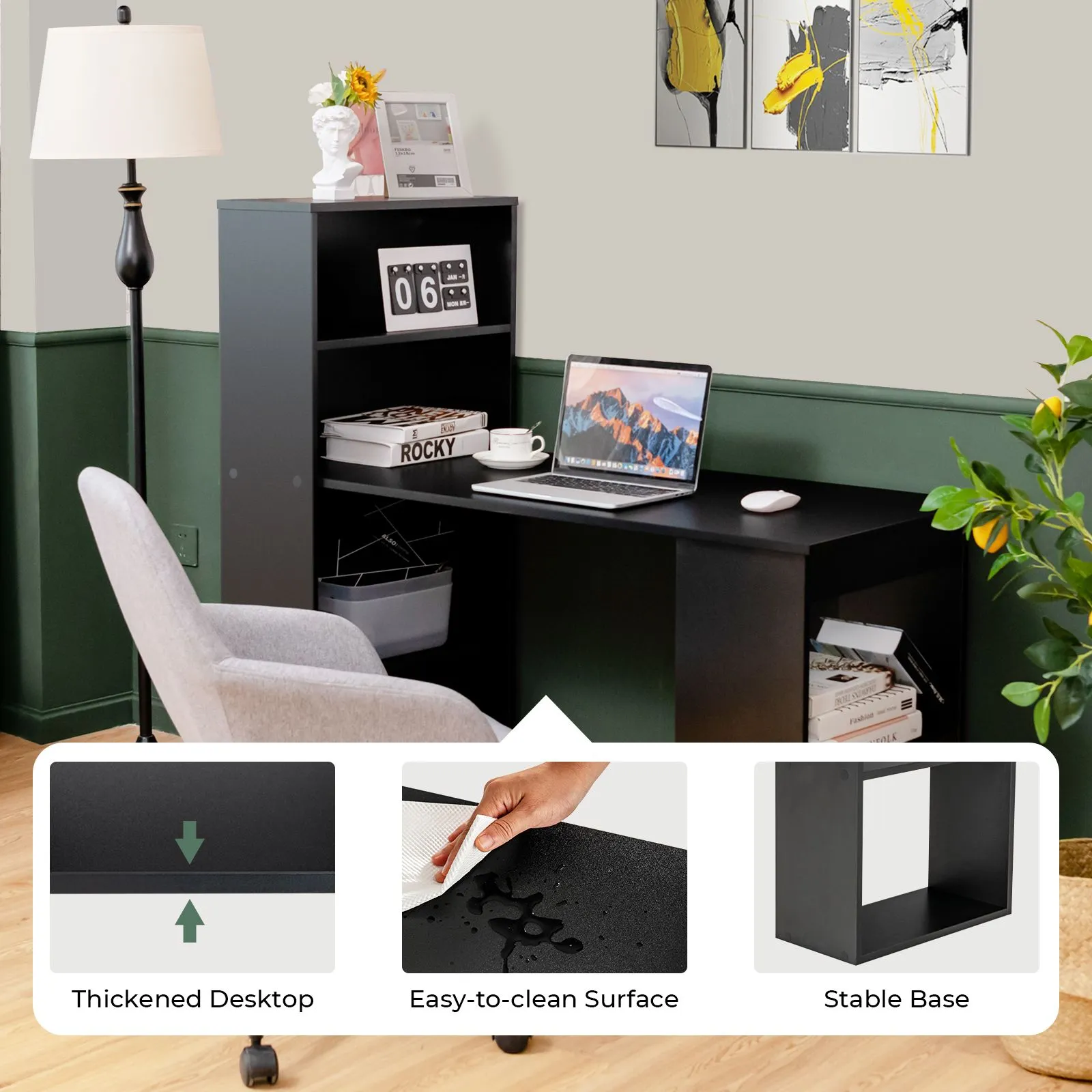 Costway Desk Wooden PC Laptop Table Writing Workstation 6-Tier Storage Shelves in Black 3