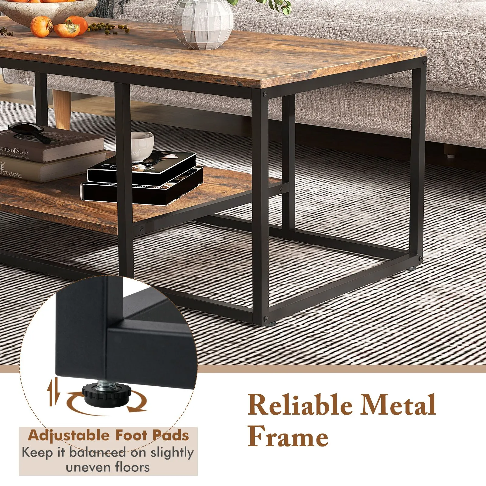 Costway 2-Tier Wooden Industrial Coffee Table 105cm Rectangle Center Table in Brown 4