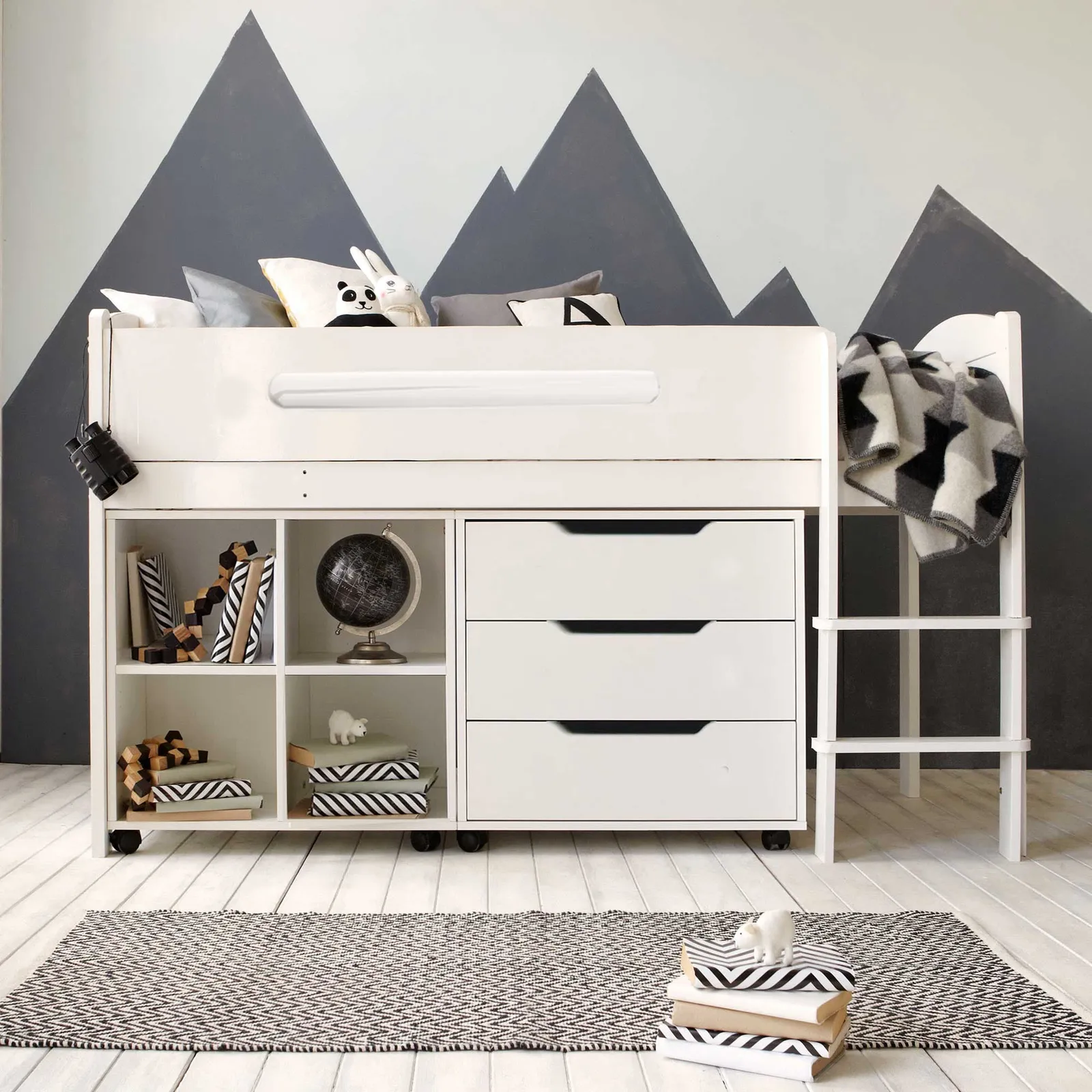 Kenzie Childrens Midsleeper with Chest Of Drawers And Storage Bookcase