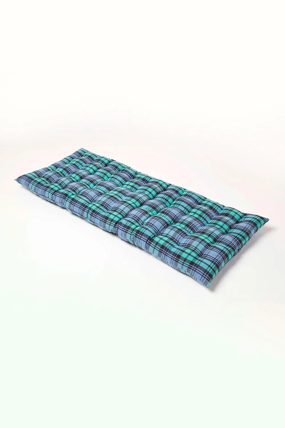 Homescapes Garden Bench Cushion Luxury 2 Seat Cotton Green Tartan Indoor Outdoor Pad