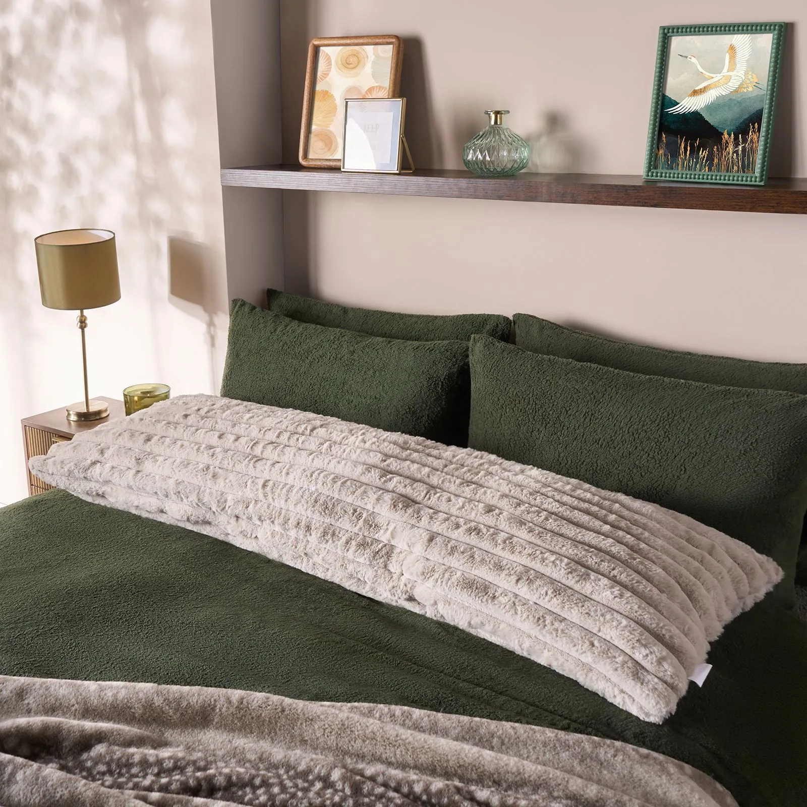 OHS Ribbed Faux Fur Bolster Pillow Soft Maternity Support Cushion in Natural