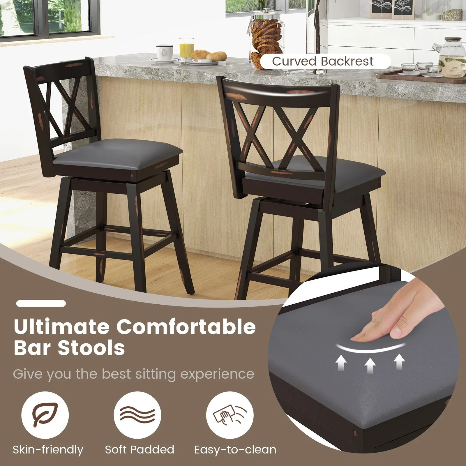 Costway Set of 2 Bar Stools Counter Height Chair Pub 360 °Swiveling Upholstered Seat 29" 5