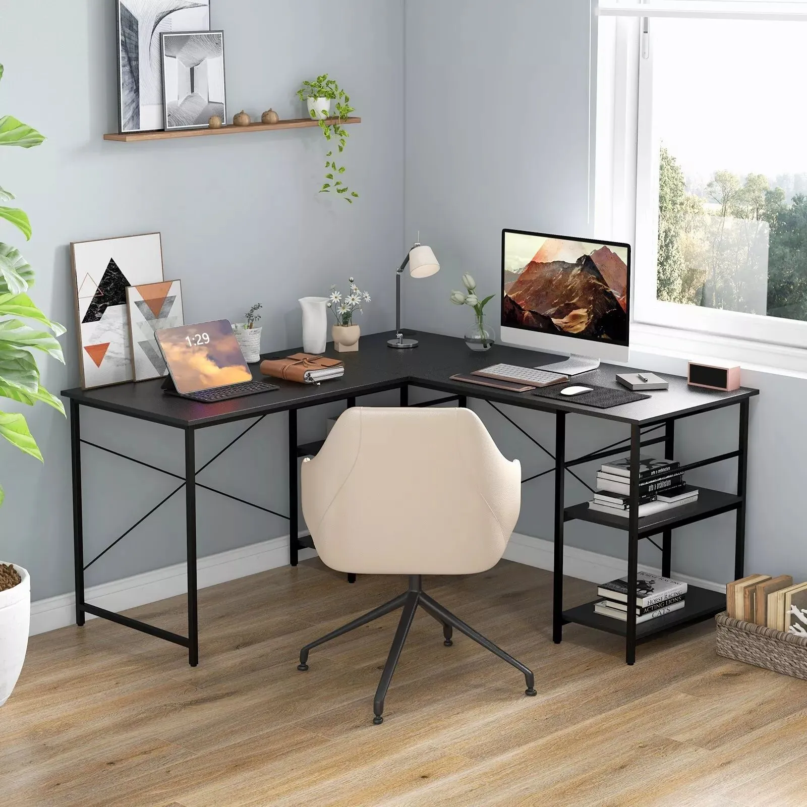 Costway L-Shaped Corner Computer Desk Study Writing Desk Home Office Workstation with Storage Shelf in Black 3