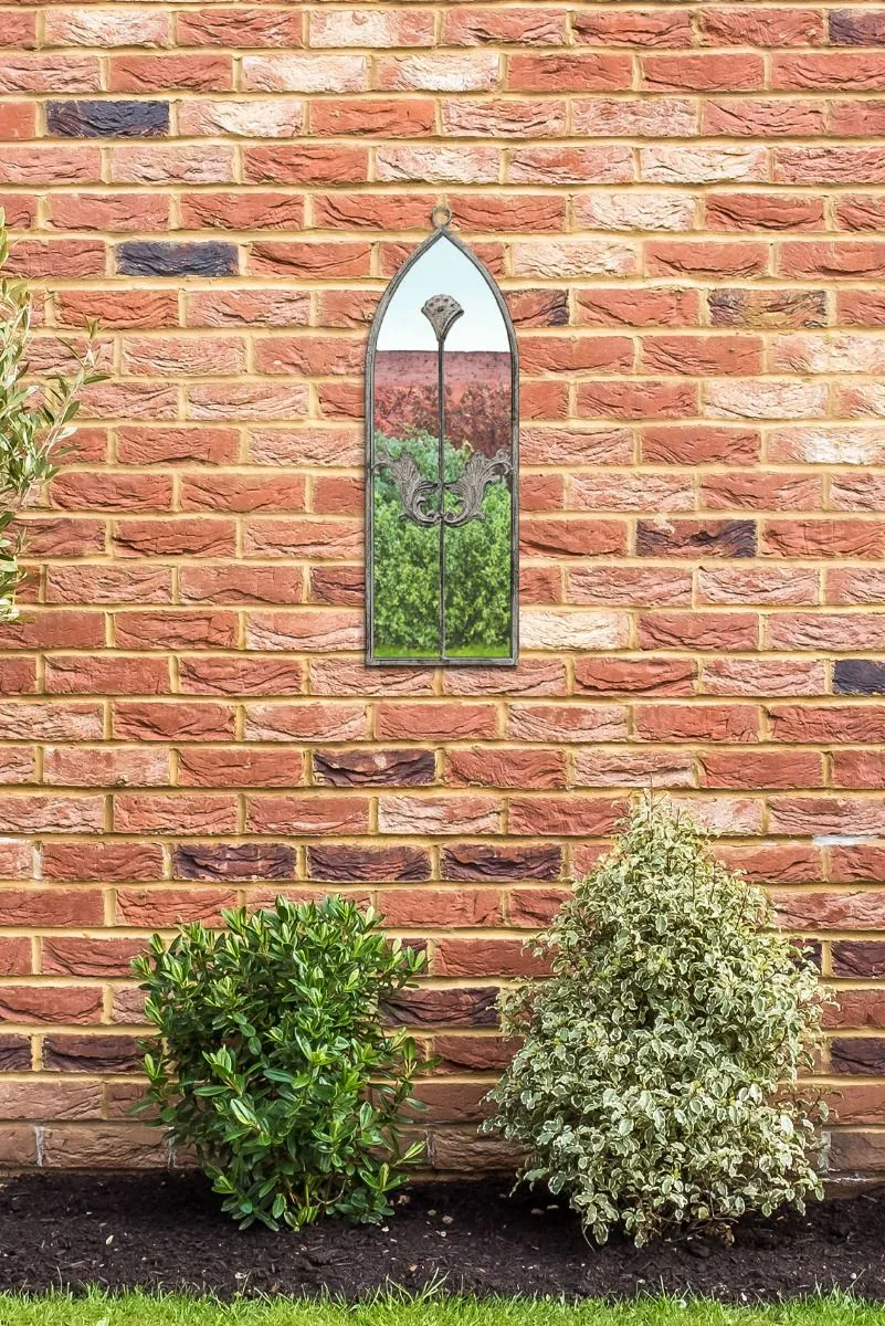 MirrorOutlet Concrete Colour Metal Frame Arched Garden Mirror 24" x 8" 60 x 20CM in Grey