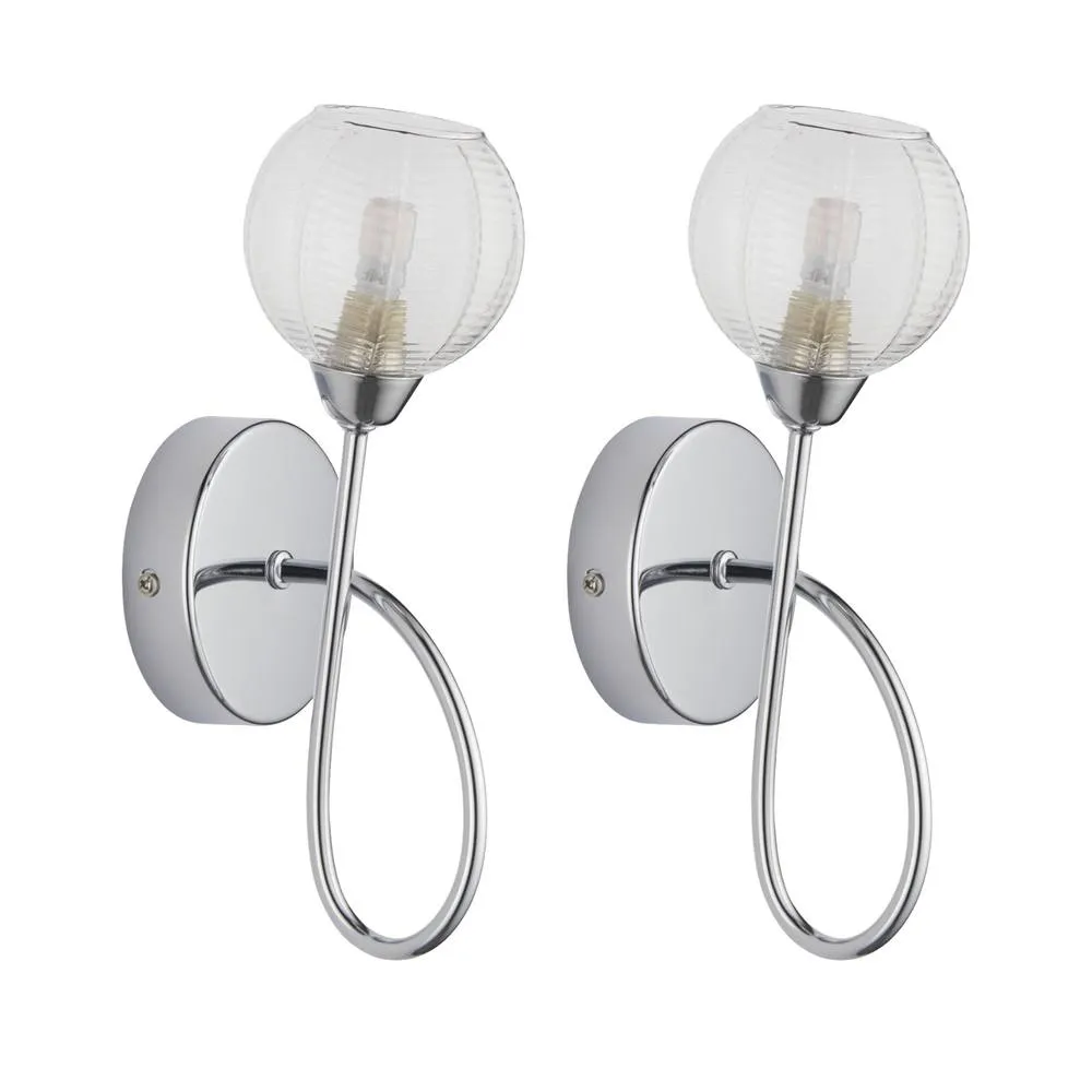 First Choice Lighting Set of 2 Tatton - Chrome with Ribbed Glass Wall Lamps in Silver