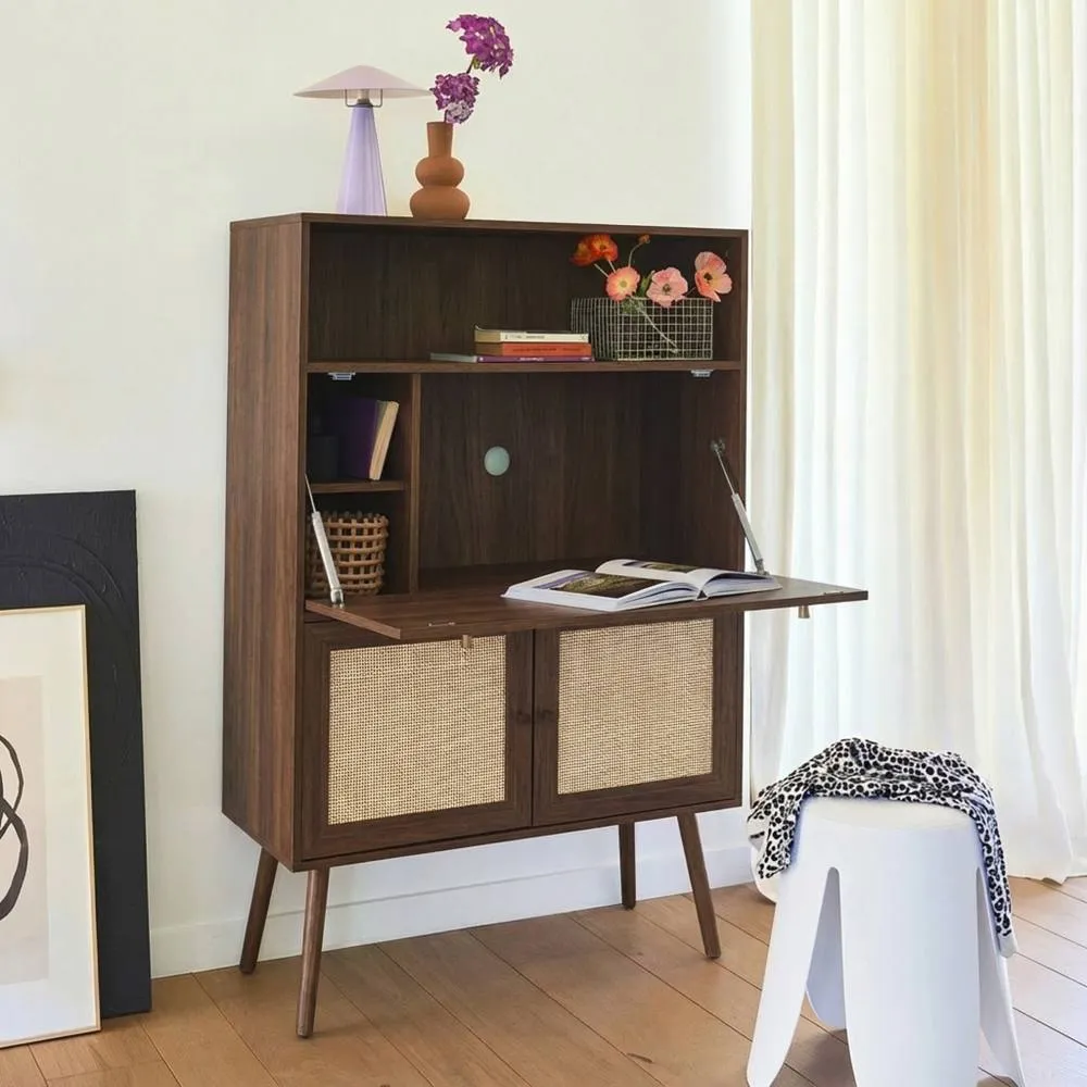 sweeek Secretary desk with wood decor, cane & 2 doors in Dark Brown 1