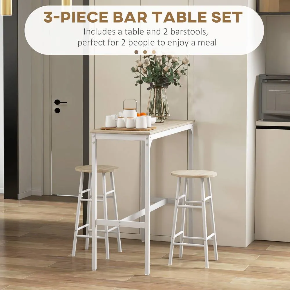 HOMCOM 3 Piece Bar Set, Industrial Kitchen & Chair Set Oak in White 4