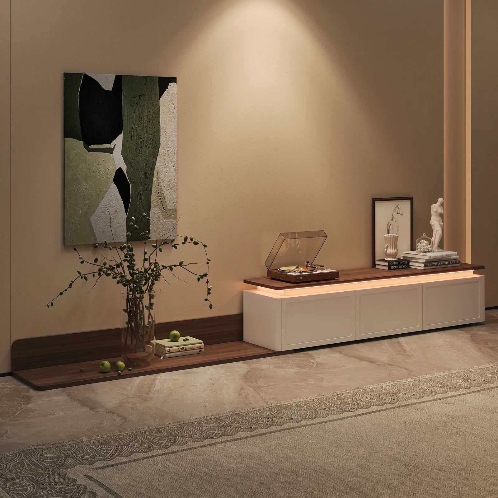 Ambra Modern TV Stand Retracted & Extendable 3-Drawer Light Media Console Walnut & White