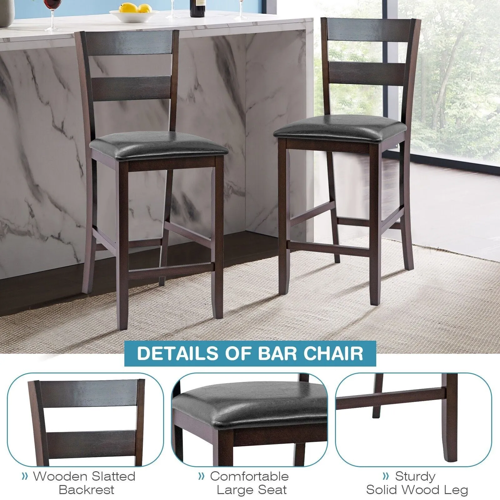 Costway Set of 2 Bar Stools Wood Padded Counter Height Pub Chairs Kitchen Dining Chair in Black 5